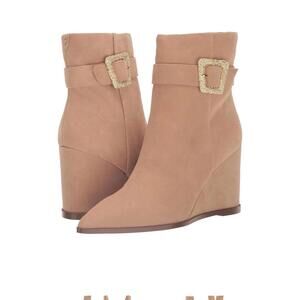 Sam Edelman Weslie Wedge Ankle Boots Womans 8.5 Beige Suede Gold Buckle Bootie